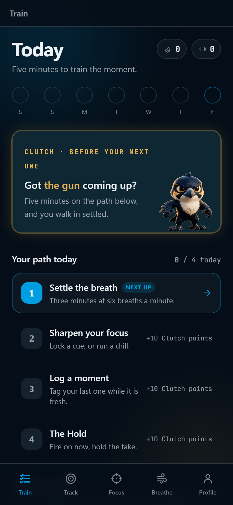 The daily path: Breathe, Sharpen focus, Log a moment, The Hold